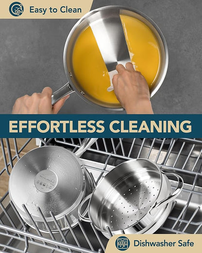MICHELANGELO Stainless Steel Sauce Pot Set with Steamer 5Pcs, 18/10 Saucepan Set with Pour Spout & Strainer Glass Lids, Sauce pan with Triply Bottom Induction Compatible - 1QT & 2QT - Image 6