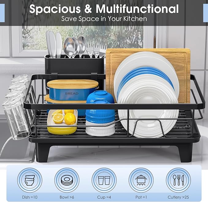 Urackify Dish Drying Rack for Kitchen Counter, Sink Dish Rack with Drainboard 12.2" W x 16.5" L, Large Dish Drainer with Cutlery Holder, Home Countertop Plate Dryer Storage Rack, Black - Image 3