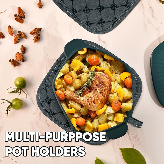 Oven Mitts Kitchen Towels Dishcloths with Pot Holders Sets 12PCS,Dish Towels Sets,Oven Gloves Pot Pads Heat Resistant 500 Degrees with Non-Slip Silicone Surface for Cooking Baking Grilling-Deep Green - Image 4