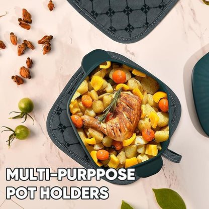 Oven Mitts Kitchen Towels Dishcloths with Pot Holders Sets 12PCS,Dish Towels Sets,Oven Gloves Pot Pads Heat Resistant 500 Degrees with Non-Slip Silicone Surface for Cooking Baking Grilling-Deep Green - Image 4
