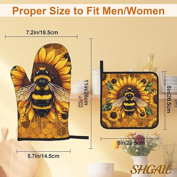 Sunflower Bee Oven Mitts and Heat Resistant Pads - Heat Resistant Gloves Potholder Set of 4 for Cooking, BBQ, Gifts for Women