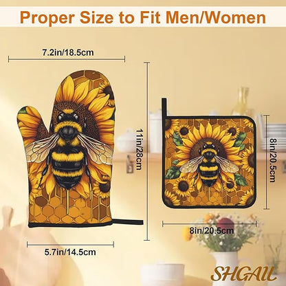 Sunflower Bee Oven Mitts and Heat Resistant Pads - Heat Resistant Gloves Potholder Set of 4 for Cooking, BBQ, Gifts for Women