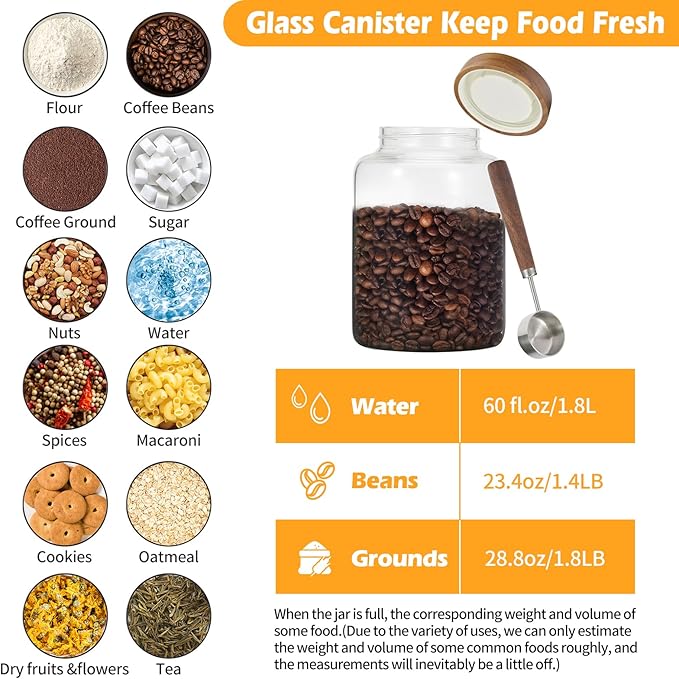 Large Glass Coffee Jars with Spoons 60 oz /1800ml, Round Storage Canister with Wooden Lid Clear Glass Food Jar for Pantry Sugar Tea Coffee Bean Spice Nuts Cookies Bath Salts (1800ml/60oz) - Image 3