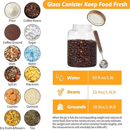 Large Glass Coffee Jars with Spoons 60 oz /1800ml, Round Storage Canister with Wooden Lid Clear Glass Food Jar for Pantry Sugar Tea Coffee Bean Spice Nuts Cookies Bath Salts (1800ml/60oz) - Image 3