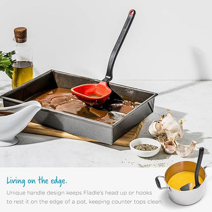 Dreamfarm Fladle Fold-Flat, Space-Saving Serving & Cooking Ladle Measures up to 1/2 Cup with Silicone Scraping Squeegee-Tip - 12" Red