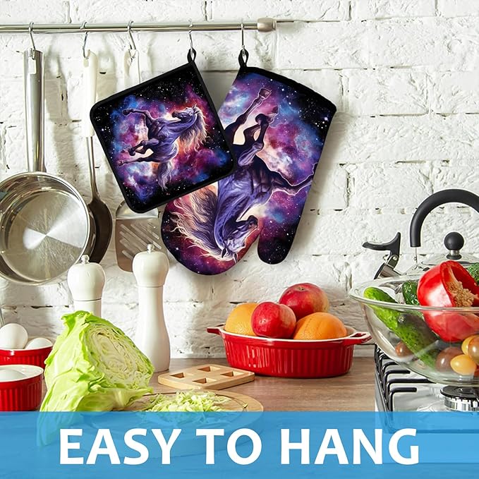 Horse Purple Galaxy Space Oven Mitts and Pot Holders Sets Heat Resistant 4Pcs Potholders Oven Gloves Hot Pads for Kitchen Baking Cooking Grilling BBQ