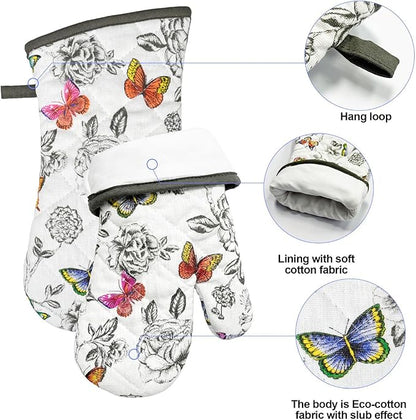 Alselo Oven Mitts and Pot Holders with Chaf Apron,Set of 5 Heat Resistant Kitchen Gloves and Silicone Non-Slip Potholders Adjustable Neck Buckle Apron, Cotton Nice Design for Cooking (Butterfly)