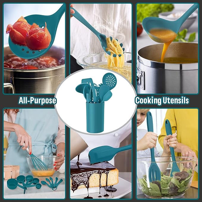 Silicone Kitchen Utensils Set, E-far 23 Pcs Blue Cooking Utensils Tools with Holder for Nonstick Cookware, Include Spatula/Spoon/Ladle/Tongs/Turner, Heat Resistant & Nontoxic, Dishwasher Safe - Image 4