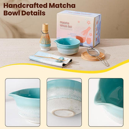 Matcha Whisk Set, Ceramic Matcha Kit Desert Style, Matcha Whisk and Bowl, Bamboo Scoop and Rest, Sifter and Tea Towel, 7 Pcs Gifts for Matcha Lover - Mint Green