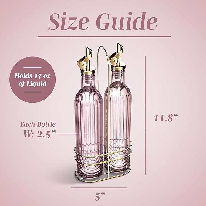 COOK WITH COLOR Glass Olive Oil Bottle Dispenser - 2 Pack- 17oz Oil and Vinegar Cruet - Olive Oil Carafe Decanter for Kitchen, Elegant Fluted, Pink - Image 5