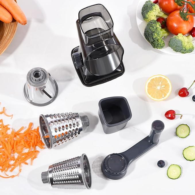 Rotary Cheese Grater with Handle Kitchen Shredder Slicer Grater Slicer Ice Shaver Cheese Vegetable Nuts Potato Zucchini Chocolate 3 Interchangeable Blades (Grey TSP) - Image 8