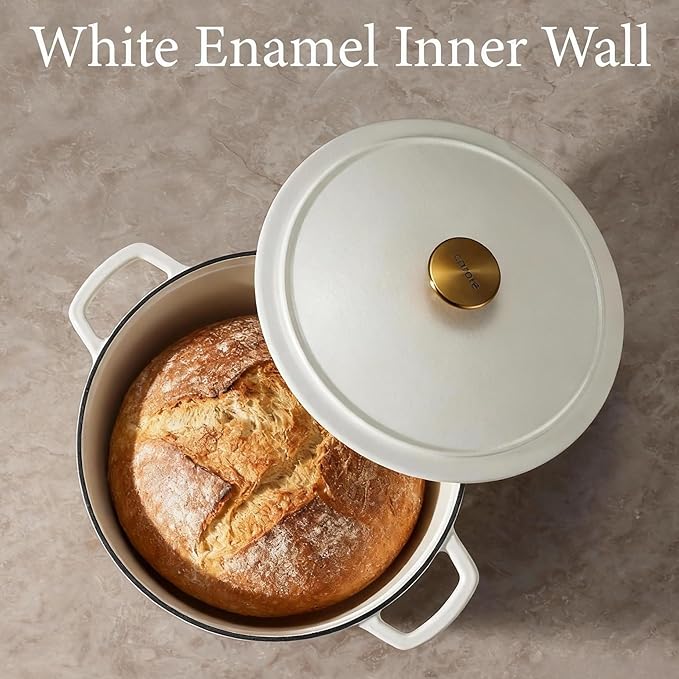 CAROTE 5QT Enameled Cast Iron Dutch Oven Pot with Lid, Cream White - Image 3