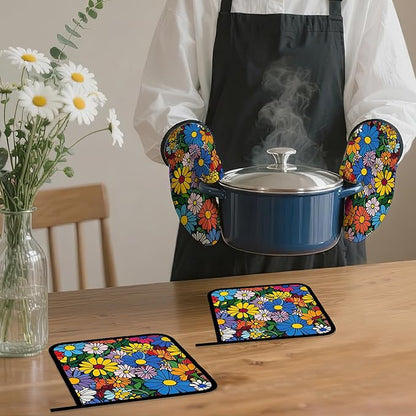 Abstract Hippie Flower Oven Mitts and Pot Holders,Heat Resistant Oven Mitts Gloves and Pot Holder for Home Kitchen Decorations Cooking Baking BBQ Gifts,Set of 4