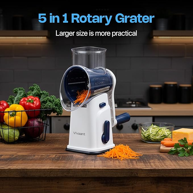 Vivaant Rotary Cheese Grater with Handle, Cheese Shredder Hand Crank with Suction Base & 5 Interchangeable Blades, Multi-Functional Food Chopper for Vegetables, Nuts & Chocolate - Easy to Use & Clean - Image 8