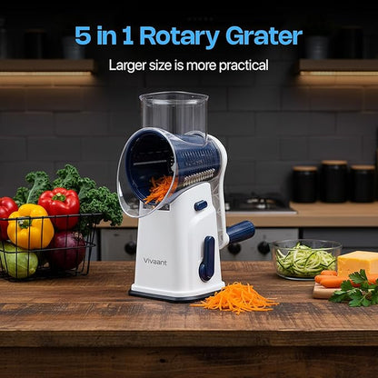 Vivaant Rotary Cheese Grater with Handle, Cheese Shredder Hand Crank with Suction Base & 5 Interchangeable Blades, Multi-Functional Food Chopper for Vegetables, Nuts & Chocolate - Easy to Use & Clean - Image 8