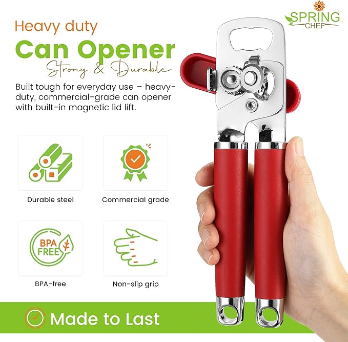 Spring Chef Stainless Steel Can Opener - Manual with Soft Grip Handles, Easy Turn, Heavy Duty Hand Can Opener for Seniors with Smooth Edge - Red - Image 2