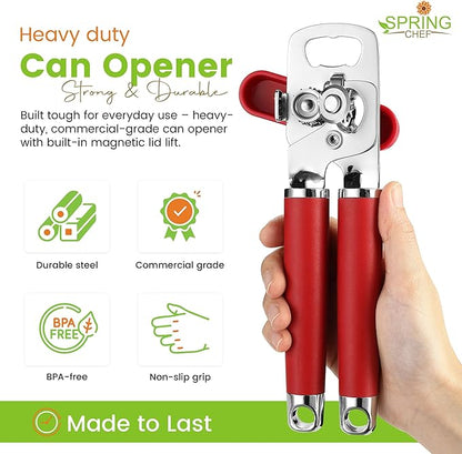 Spring Chef Stainless Steel Can Opener - Manual with Soft Grip Handles, Easy Turn, Heavy Duty Hand Can Opener for Seniors with Smooth Edge - Red - Image 2