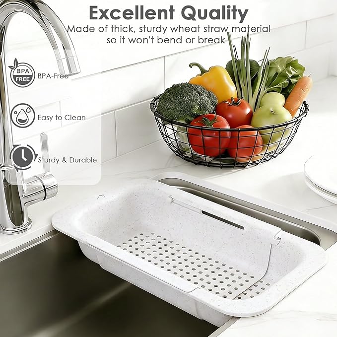 Over the Sink Colander Strainer Basket, Extendable Colander and Strainer for Kitchen, Wash Vegetables and Fruits, Drain Pasta and Dry Dishes, Adjustable Colander from 13.5In to 18.7In, White
