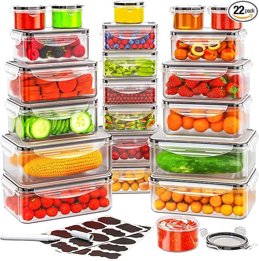 JSCARES 44 PCS Food Storage Container with Lid (22 Lids & 22 Containers) - Leakproof Meal-Prep Containers for Kitchen Storage Reusable Plastic Microwave/Dishwasher Safe with Labels & Pen