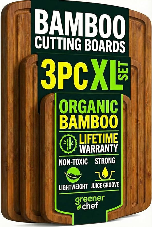 Greener Chef Luxury Bamboo Cutting Board 3-Piece Set with Carbonized Vertical Grain Strength Technology - Extra Large Wooden Cutting Boards for Kitchen with Deep Juice Grooves - Lifetime Replacements by GreenerChef