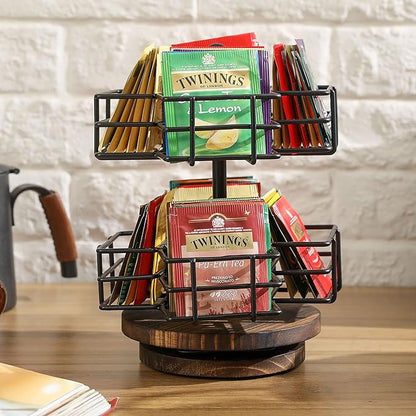 MyGift 8 Compartment Tea Bag Organizer Carousel, Black Metal Wire Packet Holder and 360 Degree Spinning Burnt Solid Wood Base, Coffee Station Storage Caddy