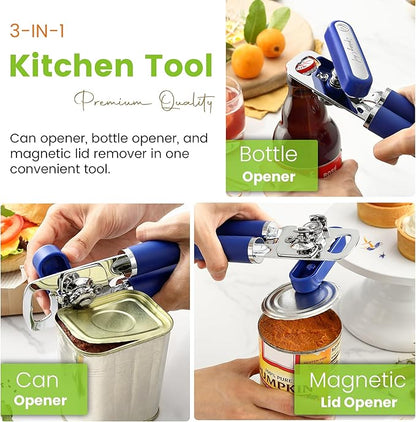 Spring Chef Stainless Steel Can Opener - Manual with Soft Grip Handles, Easy Turn, Heavy Duty Hand Can Openers for Seniors with Smooth Edge - Magnetic Lid Remover - Sapphire - Image 4