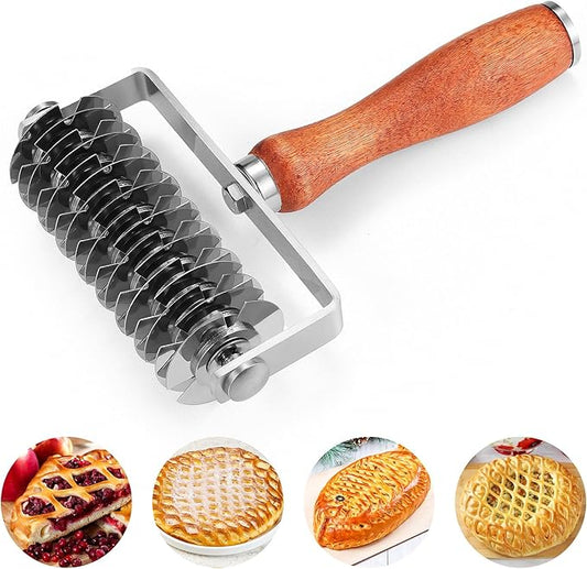 Pastry Lattice Roller Cutter, Stainless Steel Dough Cutter Wheel with Wood Handle, Time-Saver Baking Tools for Beef Wellington Pie Crust Pizza Bread, JKUS20408