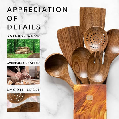 Wooden Spoons for Cooking, Nonstick Cooking Utensil Set with 7 Piece Acacia Wooden Spatulas and Spoons for Cooking, Terrific for Everyday Kitchen Tasks - Image 4