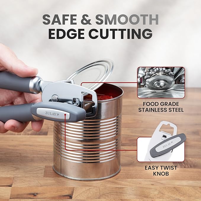 Zulay Kitchen Heavy Duty Stainless Steel Can Opener Manual with Bottle Opener - Rust Proof Manual Can Opener With Turn Knob & Comfy Soft Grip Handles - Gray - Image 4