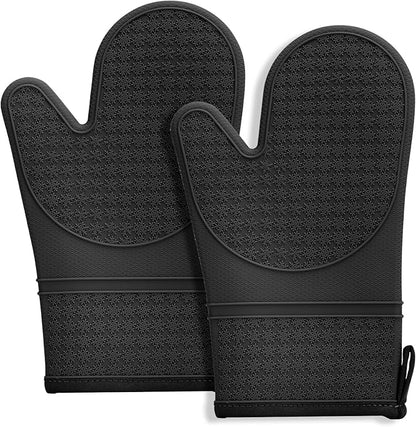 Hovico Silicone Oven Mitts, Heat Resistant 500F Kitchen Mitts 2PCS, 11.6" BPA-Free Soft Baking Gloves, Non-Slip Grip Oven Gloves with Soft Cotton Lining for Kitchen Cooking Baking BBQ - Black by Hovico