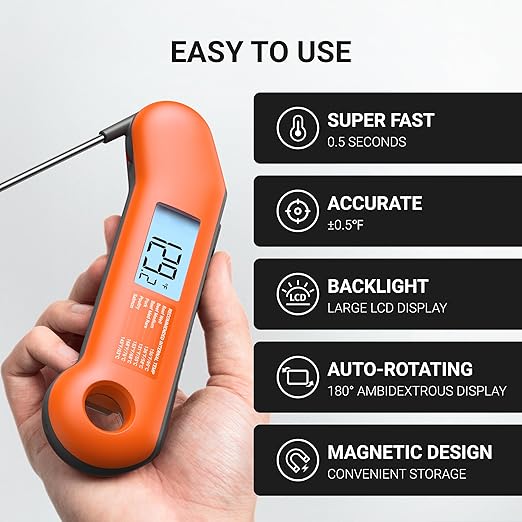 Professional Meat Thermometer Digital, Ultra-Fast 0.5 Sec Instant Read, NIST Certified ±0.5°F Accuracy, IP67 Waterproof, Auto-Rotating Backlit Display, Lift-to-Wake, for BBQ/Candy, Orange&Gray - Image 5