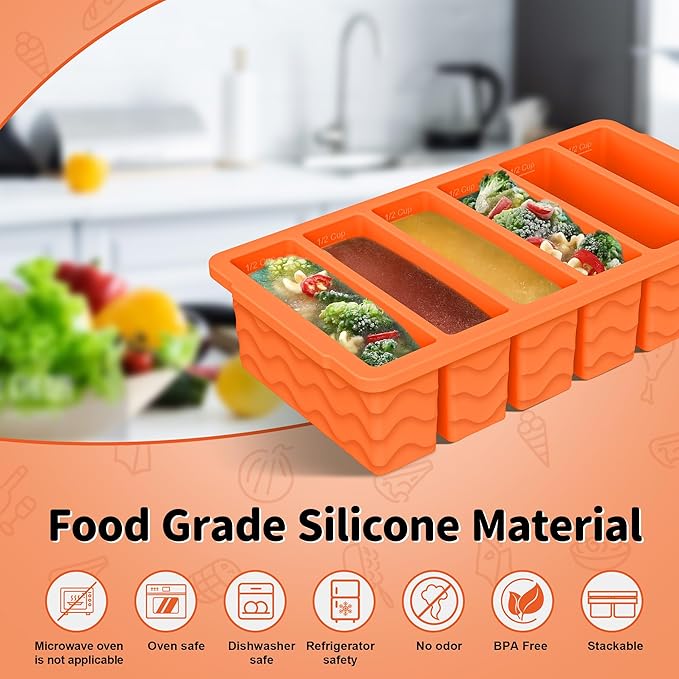 2-Pack Silicone Freezer Trays with Lid, 2 Large 2-Cup(500ml) & 6 Small 1/2-Cup(125ml) Soup Freezer Container Molds, Ice Cube Tray For Meal Prep & Freezing Soup, Stews, Sauces, Oven & Dishwasher-Safe - Image 2