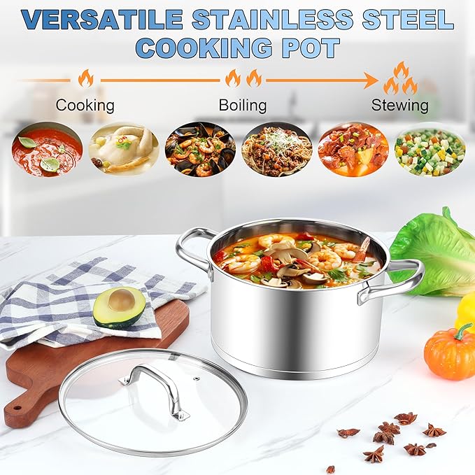Homikit 5 Quart Stock Pot, Stainless Steel Soup Cooking Pot with Lid for Pasta Sauce Simmering Steaming Stewing, Tri-ply Heavy Bottom Induction Pot, Dishwasher Safe - Image 6