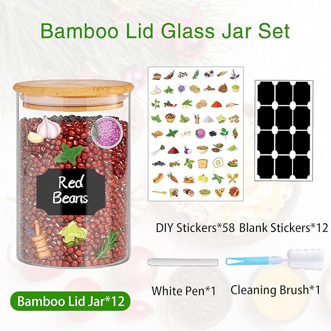 BGraceyy Glass Jars with Bamboo Lids 20 oz, 12 Pcs Stackable Kitchen Glass Pantry Storage Containers with Airtight Bamboo Lids for Rice, Candy, Sugar, Flour, Nuts, Cookie, Bean - Image 3