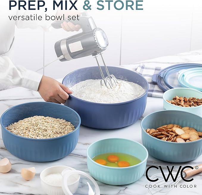 COOK WITH COLOR Prep Bowls with Lids- Wide and Deep Nesting Plastic Small Mixing Bowl Set with Lids, 12 Piece Set - Wide Bowls, Blue - Image 6
