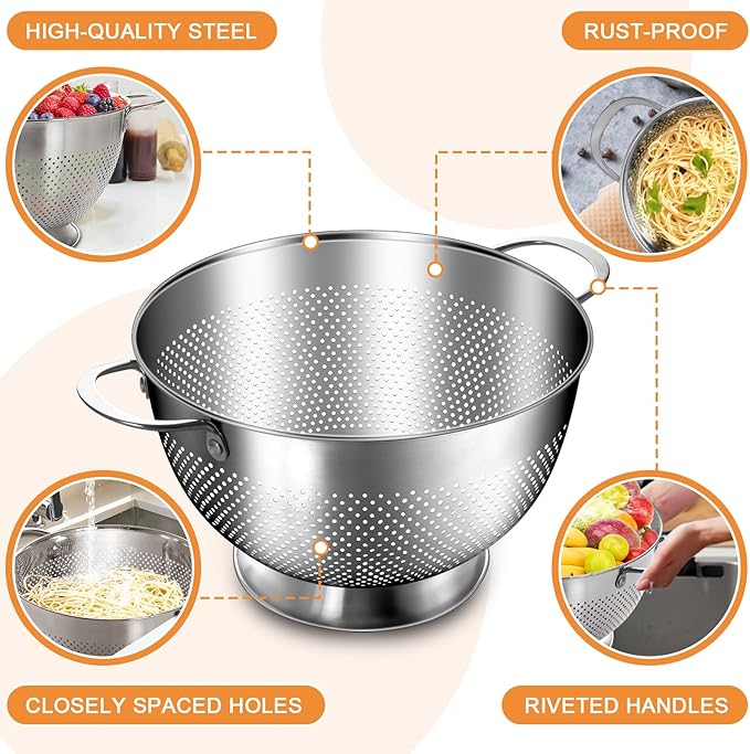 Stainless Steel Colander for Kitchen | 5 Quart Durable Rice and Pasta Strainer with Handle | Oversized Handles | Nesting Design | Rust-Resistant & Dishwasher Safe - Image 7
