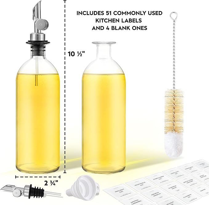 Spaceneat Oil Dispenser for Kitchen - Glass Olive Oil Bottle Set of 2 (16.9oz) with Silver Stainless Steel Weighted Self-Closing Pourer - Cooking Oil Dispenser with 66 Labels, Aligner & Funnel
