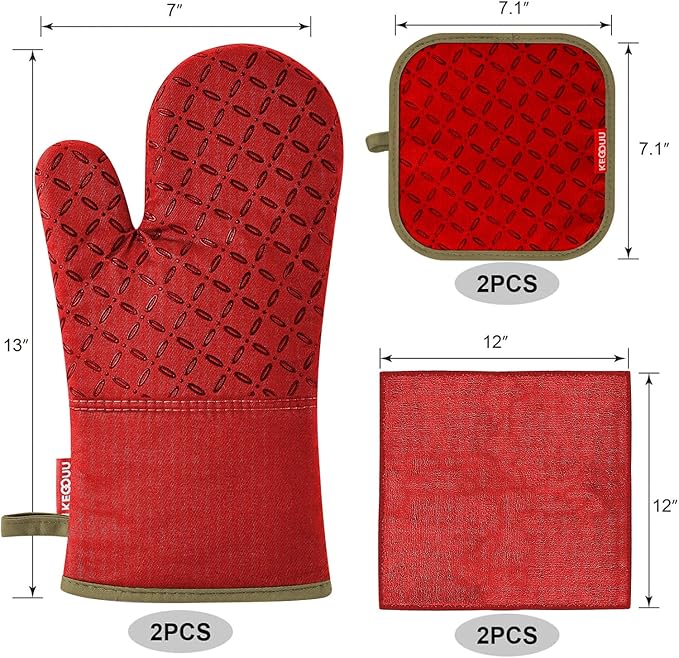 KEGOUU Oven Mitts and Pot Holders 6pcs Set, Kitchen Oven Glove High Heat Resistant 500 Degree Extra Long Oven Mitts and Potholder with Non-Slip Silicone Surface for Cooking (Red) - Image 2