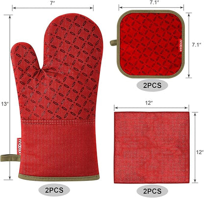 KEGOUU Oven Mitts and Pot Holders 6pcs Set, Kitchen Oven Glove High Heat Resistant 500 Degree Extra Long Oven Mitts and Potholder with Non-Slip Silicone Surface for Cooking (Red) - Image 2