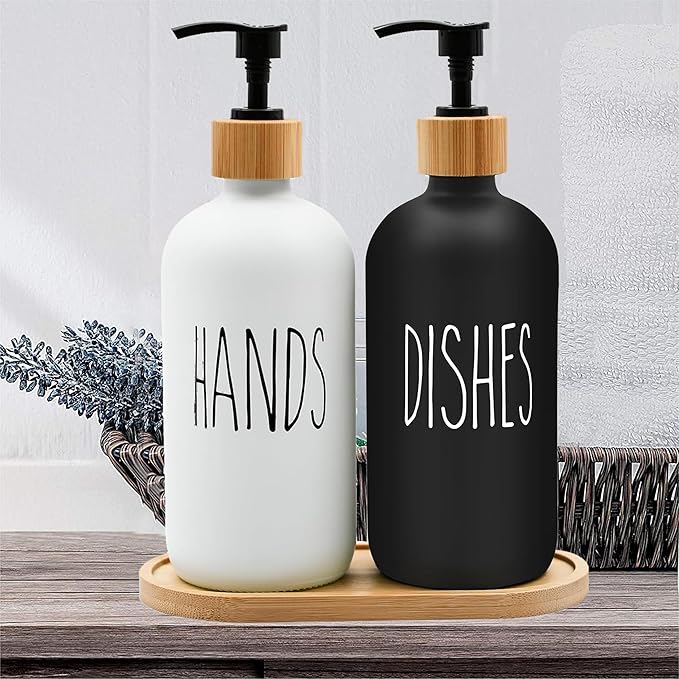 Sunrise Premium 16 OZ Thick White & Black Glass Soap Dispenser, Bamboo Pump with Tray 2 Pack, Hand and Dish Soap Dispenser Set for Bathroom with 6 Waterproof Labels - Image 5
