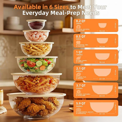 Jelife Glass Mixing Bowls with Lids Sets - 6 Packs Size: 5.9-3.7-2.1-1-0.5-0.2QT, Borosilicate Nesting Glass Bowls Containers for Baking,Salad,Meal Prep,Serving,Food Storage,BPA Free & Dishwasher Safe