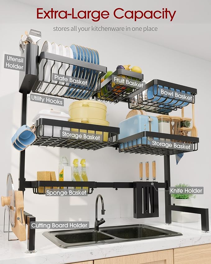 Sakugi Dish Drying Rack - Over The Sink Dish Drainer Drying Rack with Utensil & Knife Holder, Hooks, Stainless Steel Kitchen Organizers and Storage Solution, 11.8" D x 31.5"~39.0''W x 30" H, Black - Image 4