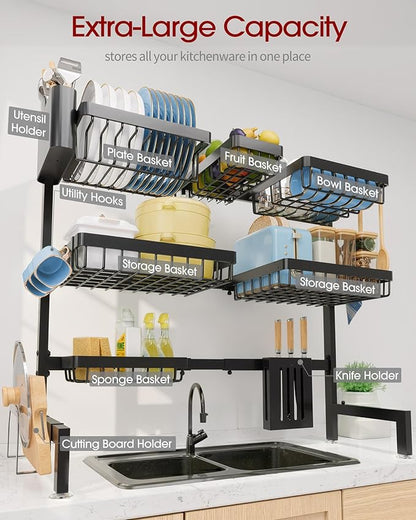 Sakugi Dish Drying Rack - Over The Sink Dish Drainer Drying Rack with Utensil & Knife Holder, Hooks, Stainless Steel Kitchen Organizers and Storage Solution, 11.8" D x 31.5"~39.0''W x 30" H, Black - Image 4
