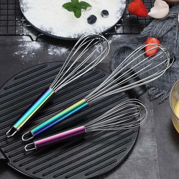Berglander Rainbow Handle Whisk Pack of 3 Stainless Steel 8",10",12", Titianium Plating Colorful Handle Whisks for Cooking, Beater,Wire Whisk Set Kitchen Wisk (Rainbow Handle) - Image 4