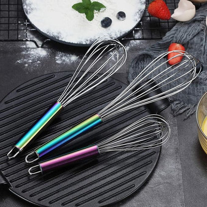 Berglander Rainbow Handle Whisk Pack of 3 Stainless Steel 8",10",12", Titianium Plating Colorful Handle Whisks for Cooking, Beater,Wire Whisk Set Kitchen Wisk (Rainbow Handle) - Image 4
