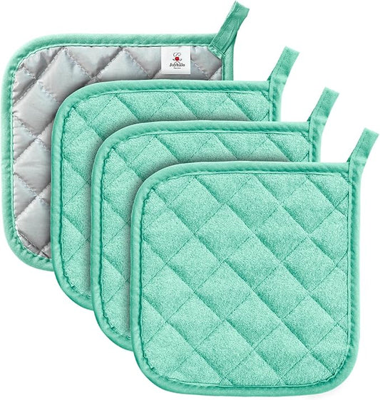 Joyhalo 4 Pack Pot Holders for Kitchen,Cotton Oven Holder with Great Heat Resistance,Non Slip Hot Pads for Kitchen Clearance, Aqua by Joyhalo