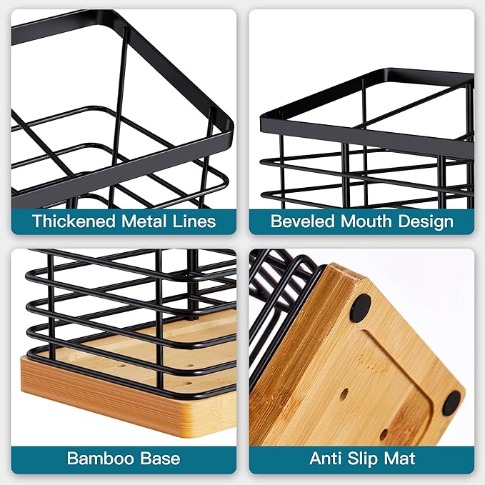 Suli Extra Large Kitchen Utensil Holder with 4 Compartments, Matte Black Metal holder with Wooden Base for Countertop, Farmhouse Cooking Utensil Storage, Rustic Cooking Utensil Organizer - Image 4