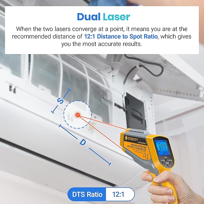 Etekcity Infrared Thermometer 1025D (Not for Human) Dual Laser Temperature Gun-58℉~1022℉ (-50℃~550℃) with Adjustable Emissivity, Non-Contact Voltage Tester (NCV), Standard Size, Yellow & Gray - Image 4