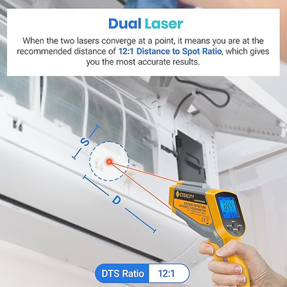 Etekcity Infrared Thermometer 1025D (Not for Human) Dual Laser Temperature Gun-58℉~1022℉ (-50℃~550℃) with Adjustable Emissivity, Non-Contact Voltage Tester (NCV), Standard Size, Yellow & Gray - Image 4