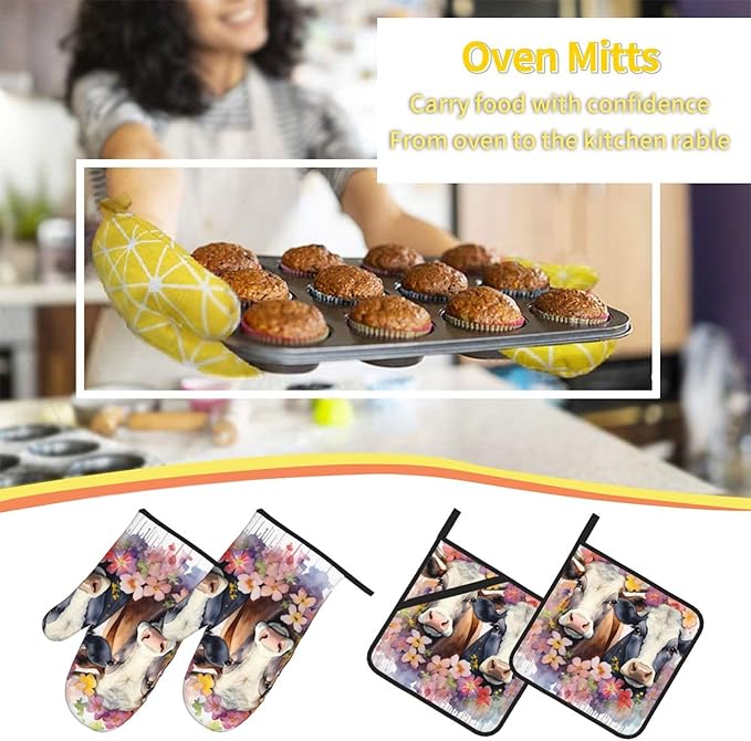 Watercolor Cows Oven Mitts and Pot Holders Sets Daisy Flower Kitchen Oven Gloves Heat Resistant 500 Degrees Oven Mitt and Hot Pad for Cooking BBQ Baking Grilling - Image 6